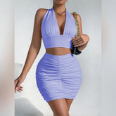 Halter Crop Top and Ruched Mini Skirt Set in Lavender
