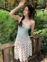 High-Waist Polka Dot Smocked Midi Skirt