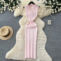 Ribbed Knit Twisted Waist Button-Front Maxi Dress