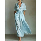 Collared V-Neck Short Sleeve Belted A-Line Maxi Dress with Pockets