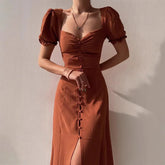 Ruched Sweetheart Puff Sleeve Button-Front Midi Dress