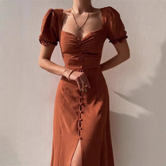 Ruched Sweetheart Puff Sleeve Button-Front Midi Dress