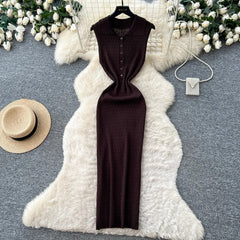 Ribbed Knit Twisted Waist Button-Front Maxi Dress