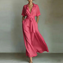 Collared V-Neck Short Sleeve Belted A-Line Maxi Dress with Pockets