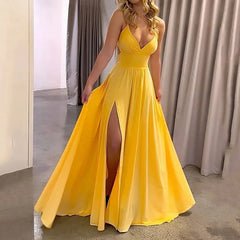 Deep V-Neck Spaghetti Strap A-Line High Slit Maxi Gown