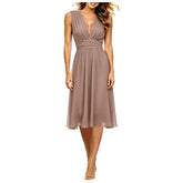 Deep V-Neck Ruched Chiffon A-Line Midi Dress