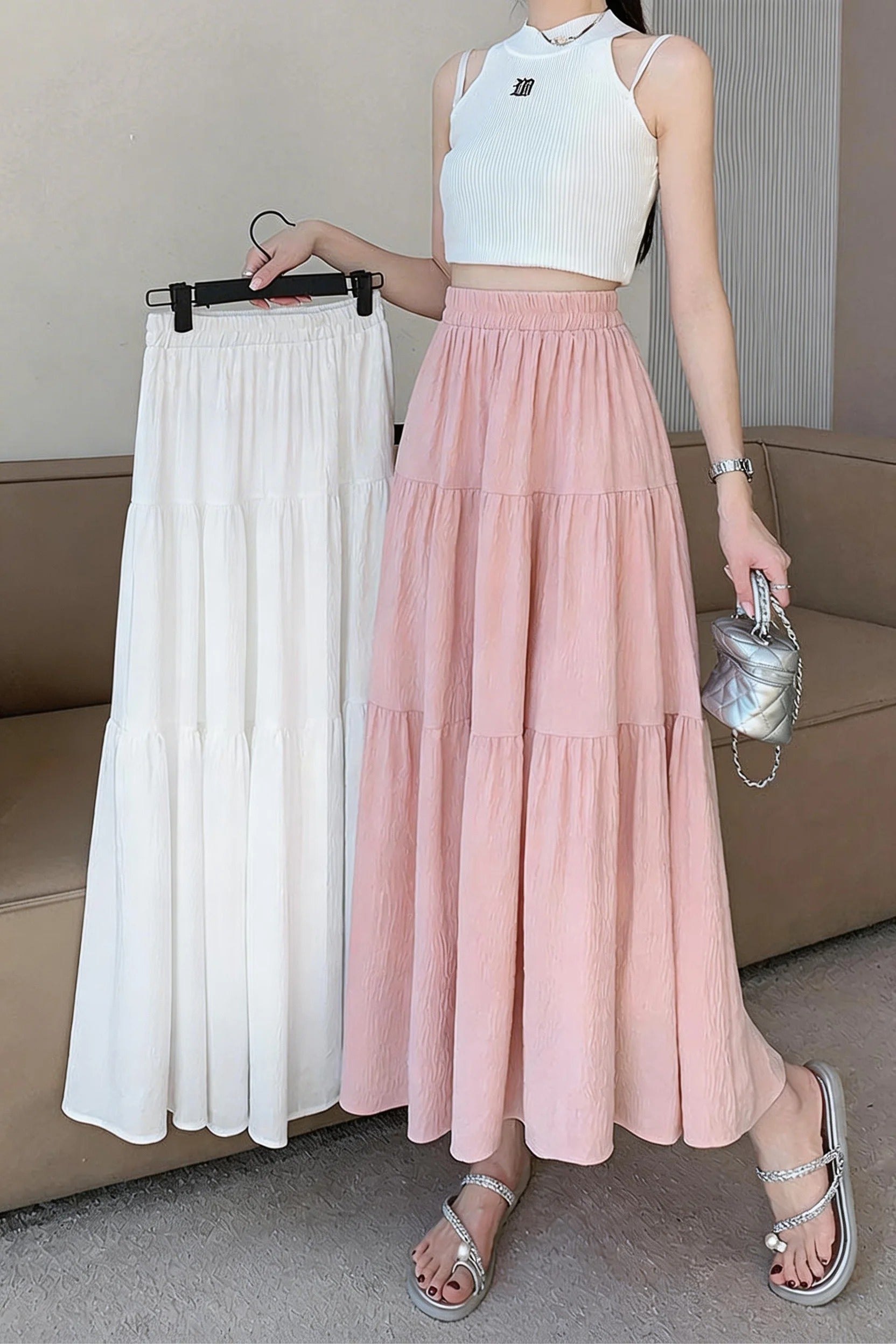 High-Waist Tiered A-Line Maxi Skirt
