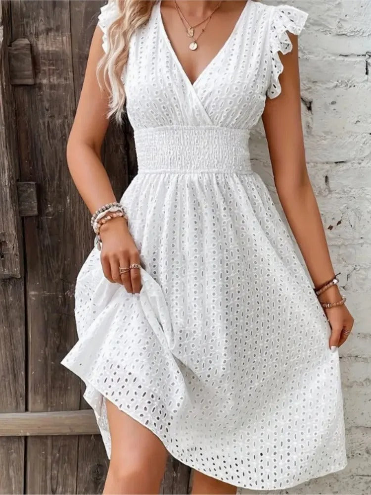 Eyelet Ruffle Midi Dress in Navy
