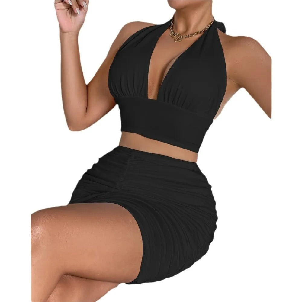 Halter Crop Top & Ruched Mini Skirt Set