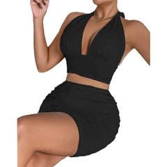 Halter Crop Top and Ruched Mini Skirt Set in Sky Blue