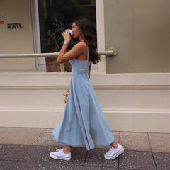 Denim Spaghetti Strap A-Line Midi Dress