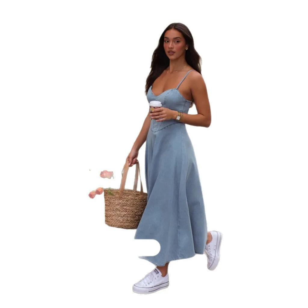Denim Spaghetti Strap A-Line Midi Dress