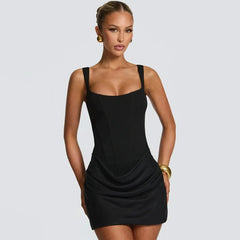Square Neck Corset Ruched Mini Dress in Black