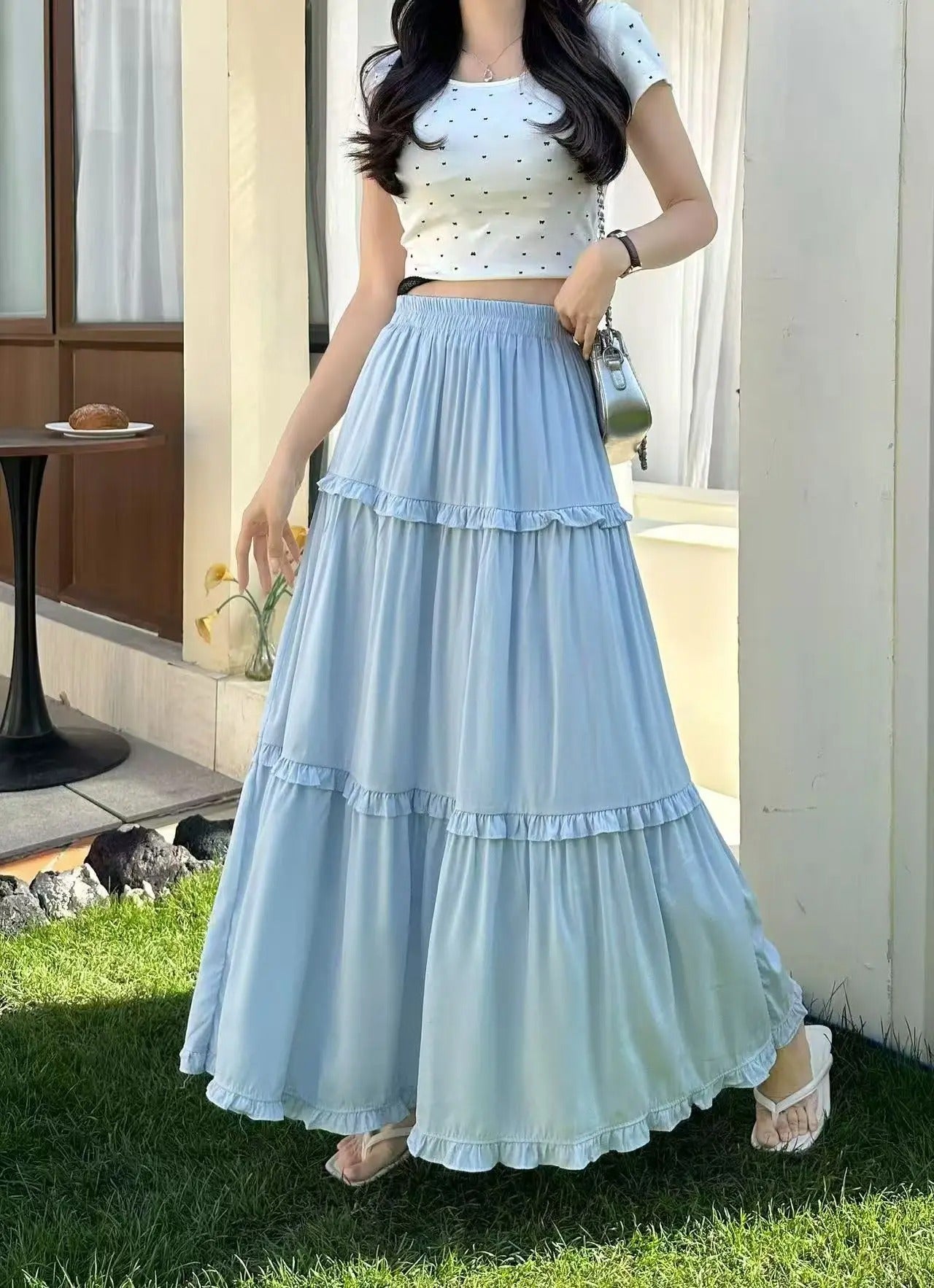 Tiered Ruffle Elastic Waist Maxi Skirt