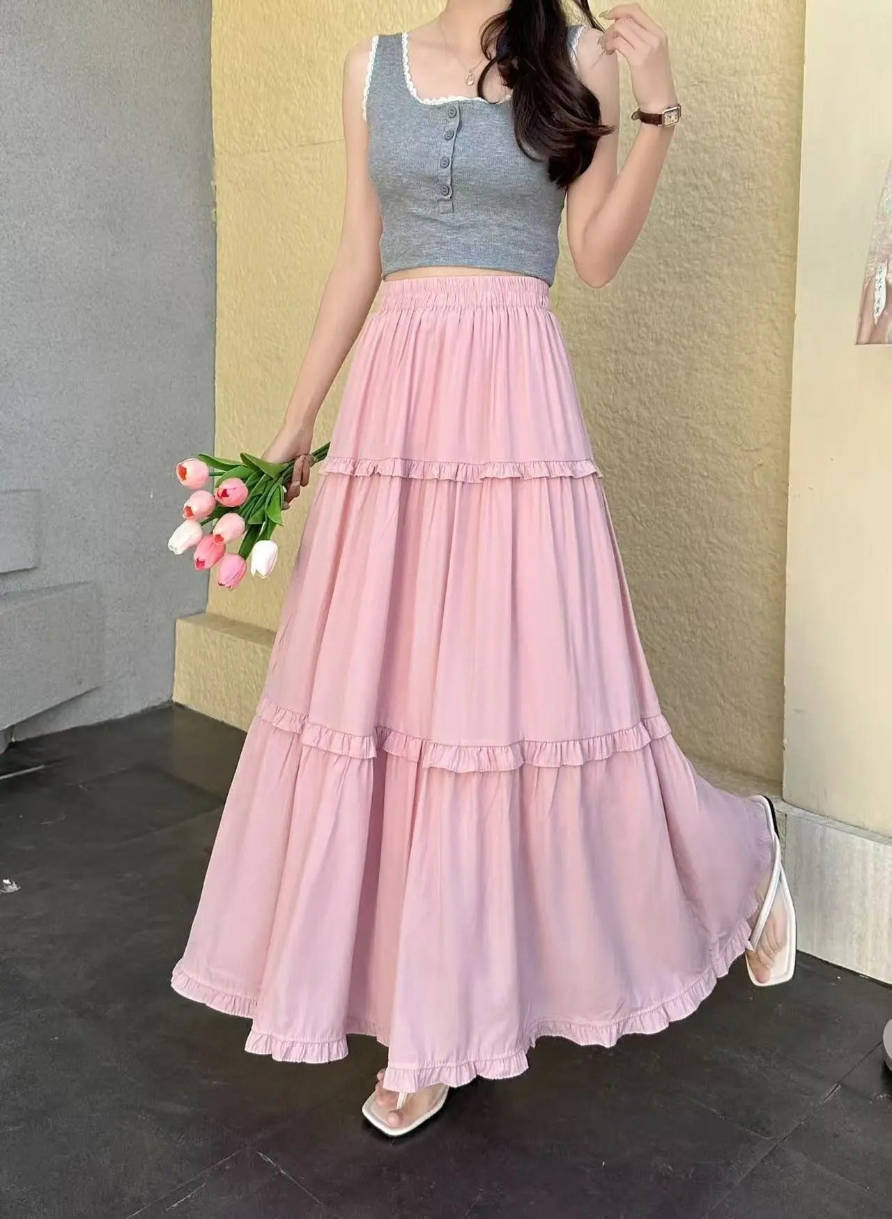 Tiered Ruffle Elastic Waist Maxi Skirt