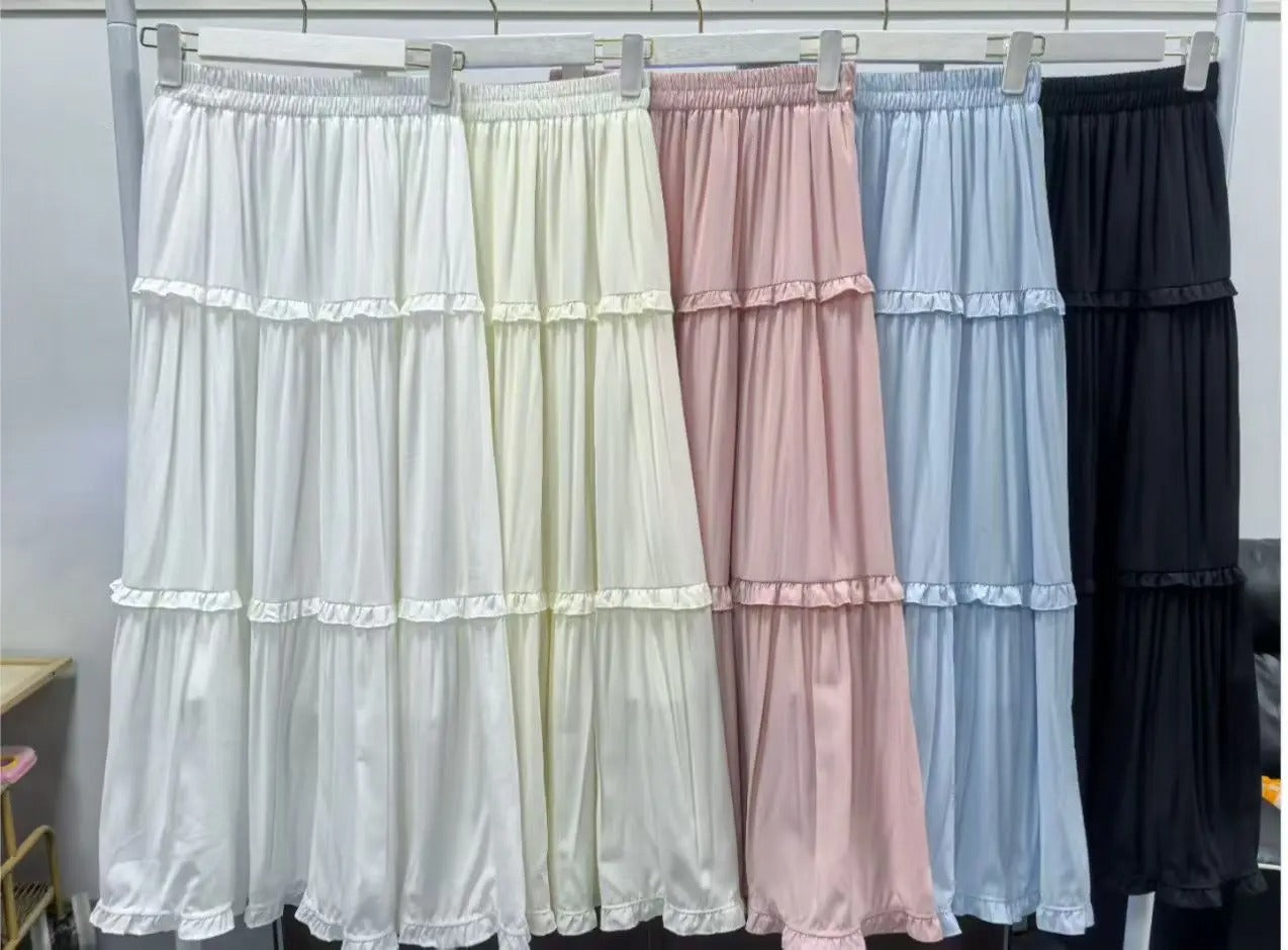 Tiered Ruffle Elastic Waist Maxi Skirt in White, Cream, Blush Pink, Sky Blue, and Black