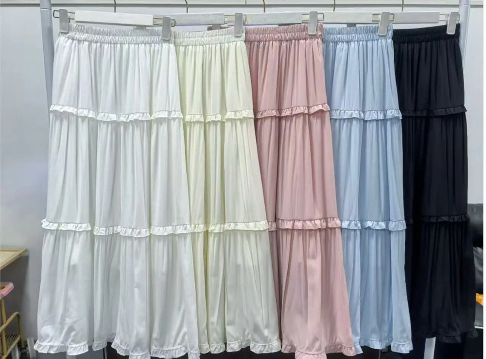 Tiered Ruffle Elastic Waist Maxi Skirt in White, Cream, Blush Pink, Sky Blue, and Black
