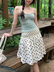 High-Waist Polka Dot Smocked Midi Skirt
