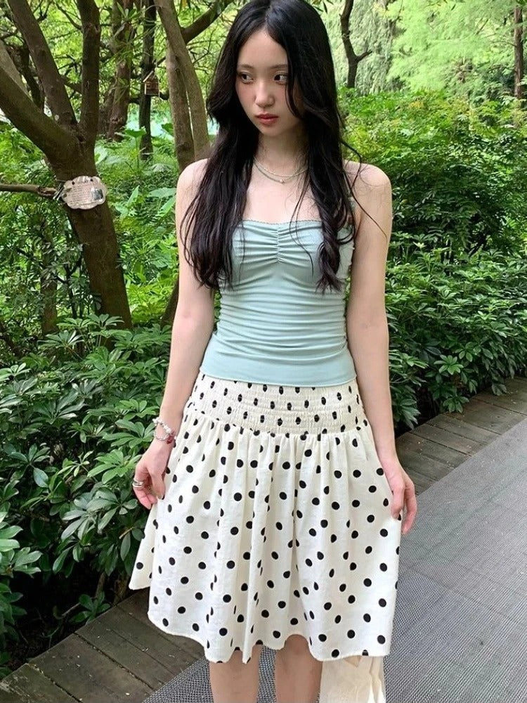 High-Waist Polka Dot Smocked Midi Skirt