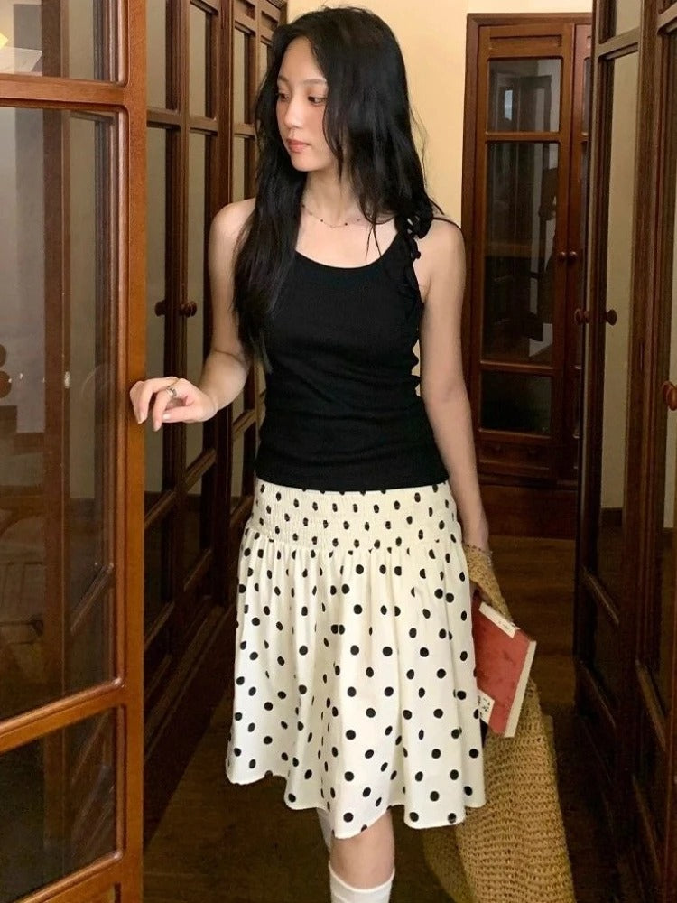 High-Waist Polka Dot Smocked Midi Skirt in Cream with Black Dots