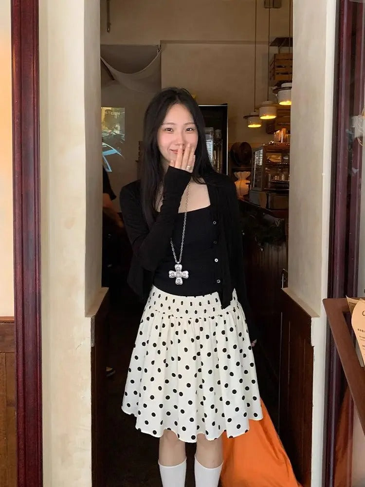 High-Waist Polka Dot Smocked Midi Skirt