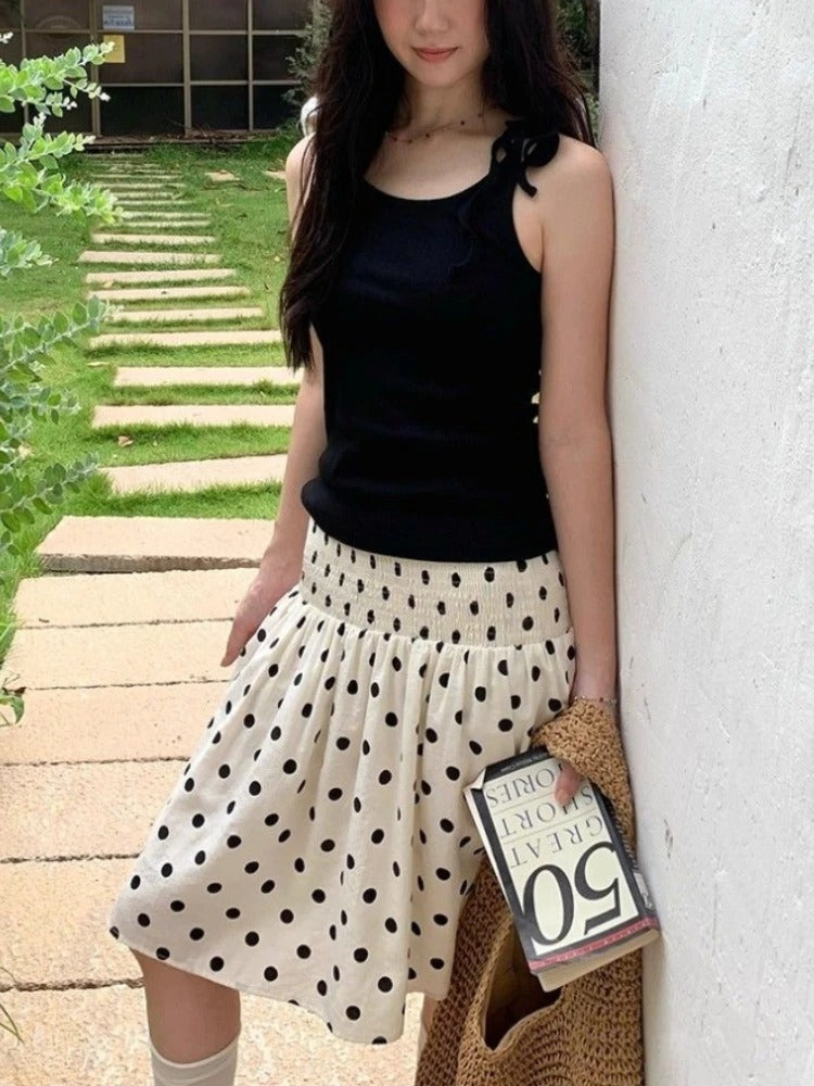 High-Waist Polka Dot Smocked Midi Skirt