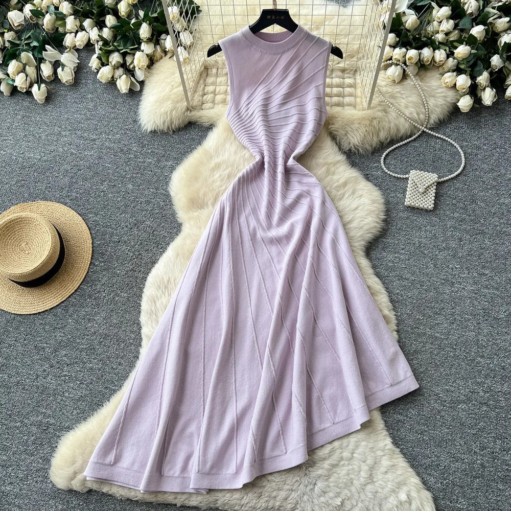 Ribbed Knit Mock Neck A-Line Midi Dress