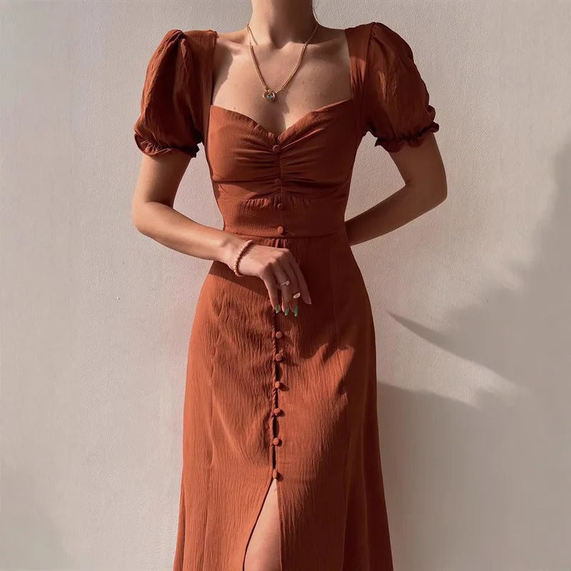 Ruched Sweetheart Puff Sleeve Button-Front Midi Dress