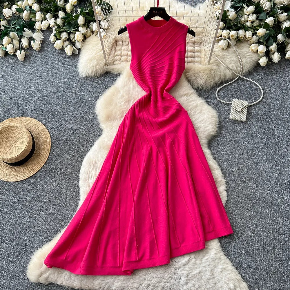 Ribbed Knit Mock Neck A-Line Midi Dress
