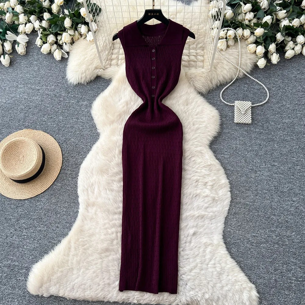 Ribbed Knit Twisted Waist Button-Front Maxi Dress