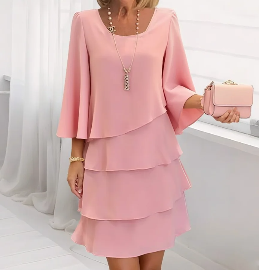 Chiffon Tiered Ruffle 3/4 Flare Sleeve Midi Dress