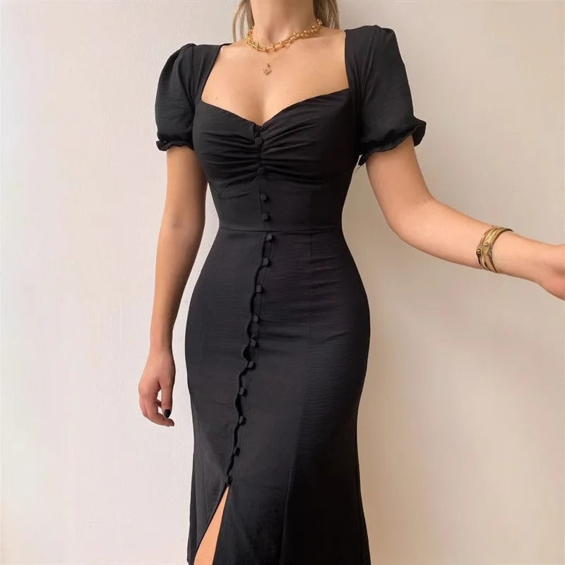 Ruched Sweetheart Puff Sleeve Button-Front Midi Dress