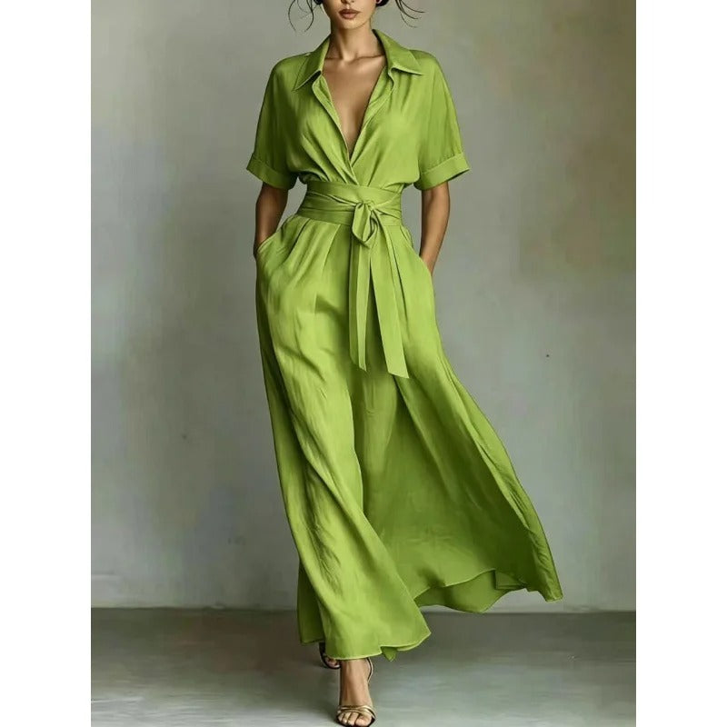 Collared V-Neck Short Sleeve Belted A-Line Maxi Dress with Pockets