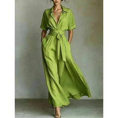 Collared V-Neck Short Sleeve Belted A-Line Maxi Dress with Pockets