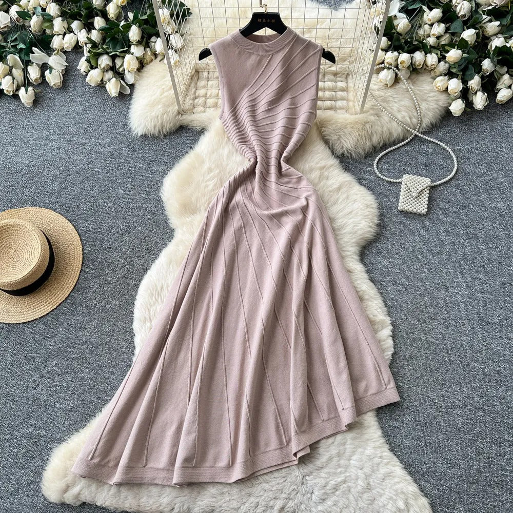Ribbed Knit Mock Neck A-Line Midi Dress