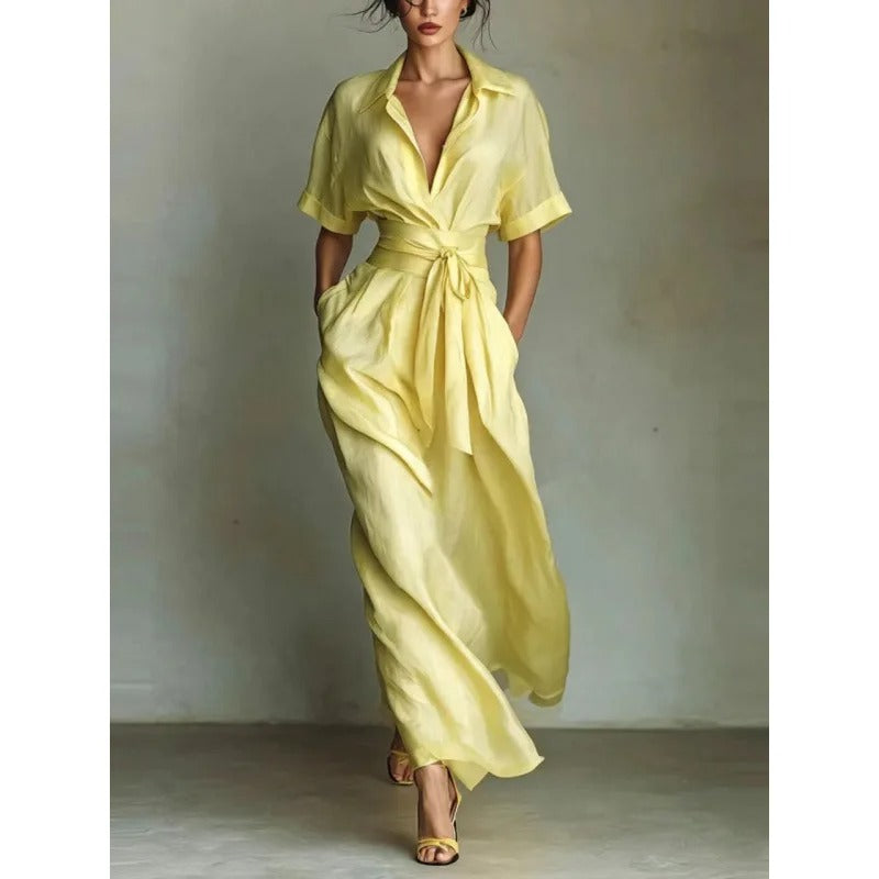 Collared V-Neck Short Sleeve Belted A-Line Maxi Dress with Pockets