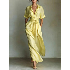 Collared V-Neck Short Sleeve Belted A-Line Maxi Dress with Pockets