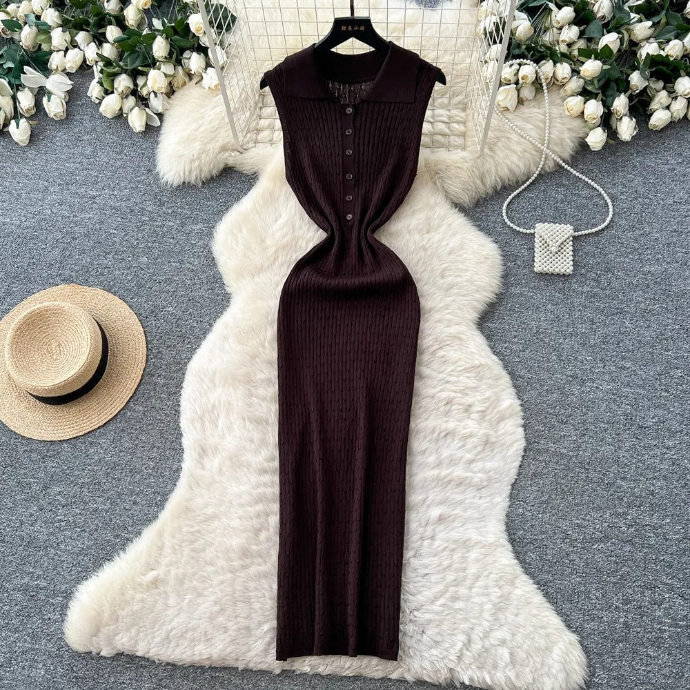 Ribbed Knit Twisted Waist Button-Front Maxi Dress