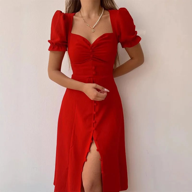 Ruched Sweetheart Puff Sleeve Button-Front Midi Dress