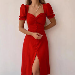 Ruched Sweetheart Puff Sleeve Button-Front Midi Dress