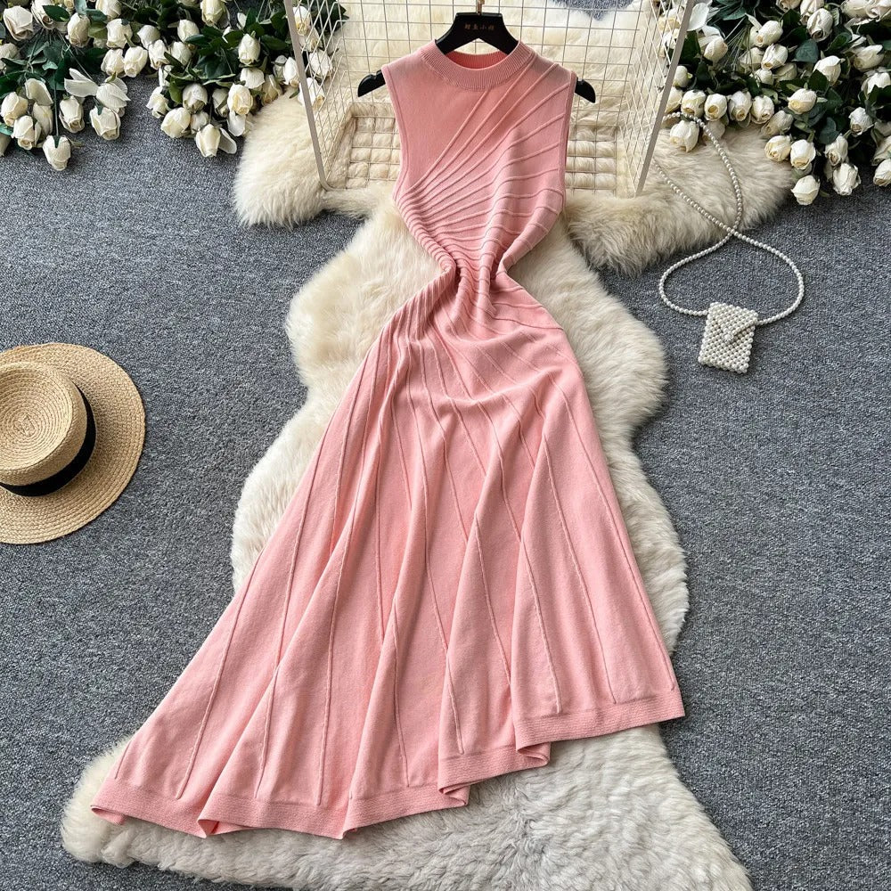 Ribbed Knit Mock Neck A-Line Midi Dress