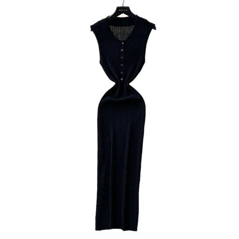 Ribbed Knit Twisted Waist Button-Front Maxi Dress