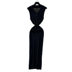 Ribbed Knit Twisted Waist Button-Front Maxi Dress