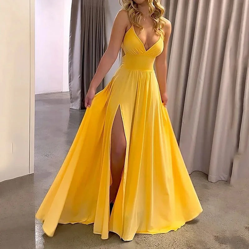 Deep V-Neck Spaghetti Strap A-Line High Slit Maxi Gown