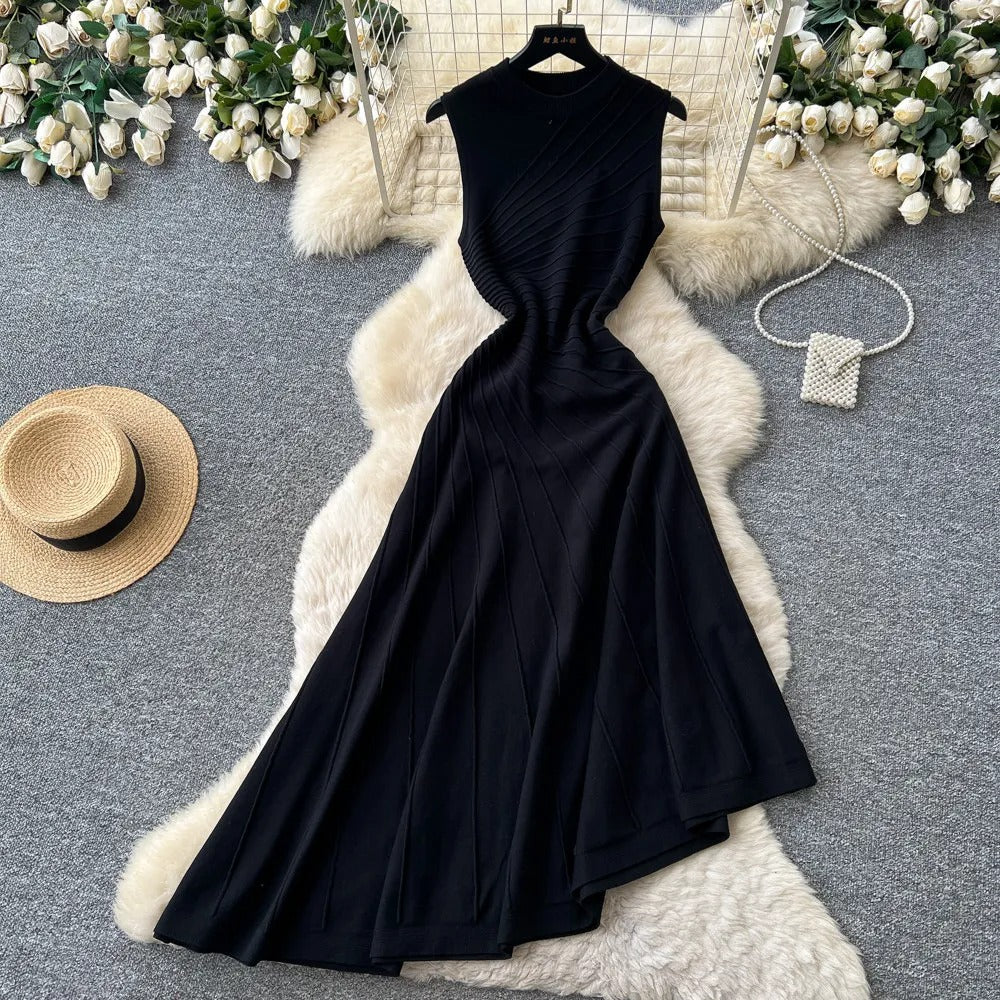 Ribbed Knit Mock Neck A-Line Midi Dress