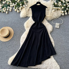Ribbed Knit Mock Neck A-Line Midi Dress