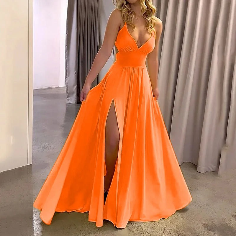 Deep V-Neck Spaghetti Strap A-Line High Slit Maxi Gown
