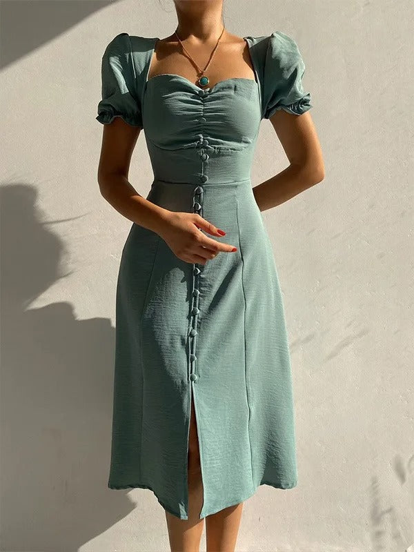 Ruched Sweetheart Puff Sleeve Button-Front Midi Dress