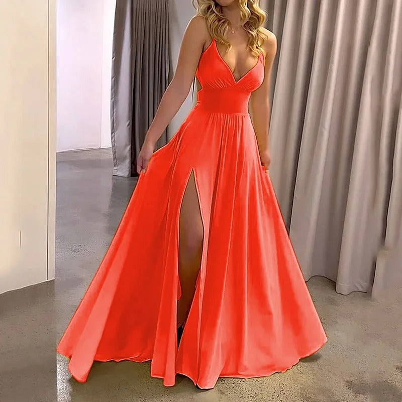 Deep V-Neck Spaghetti Strap A-Line High Slit Maxi Gown